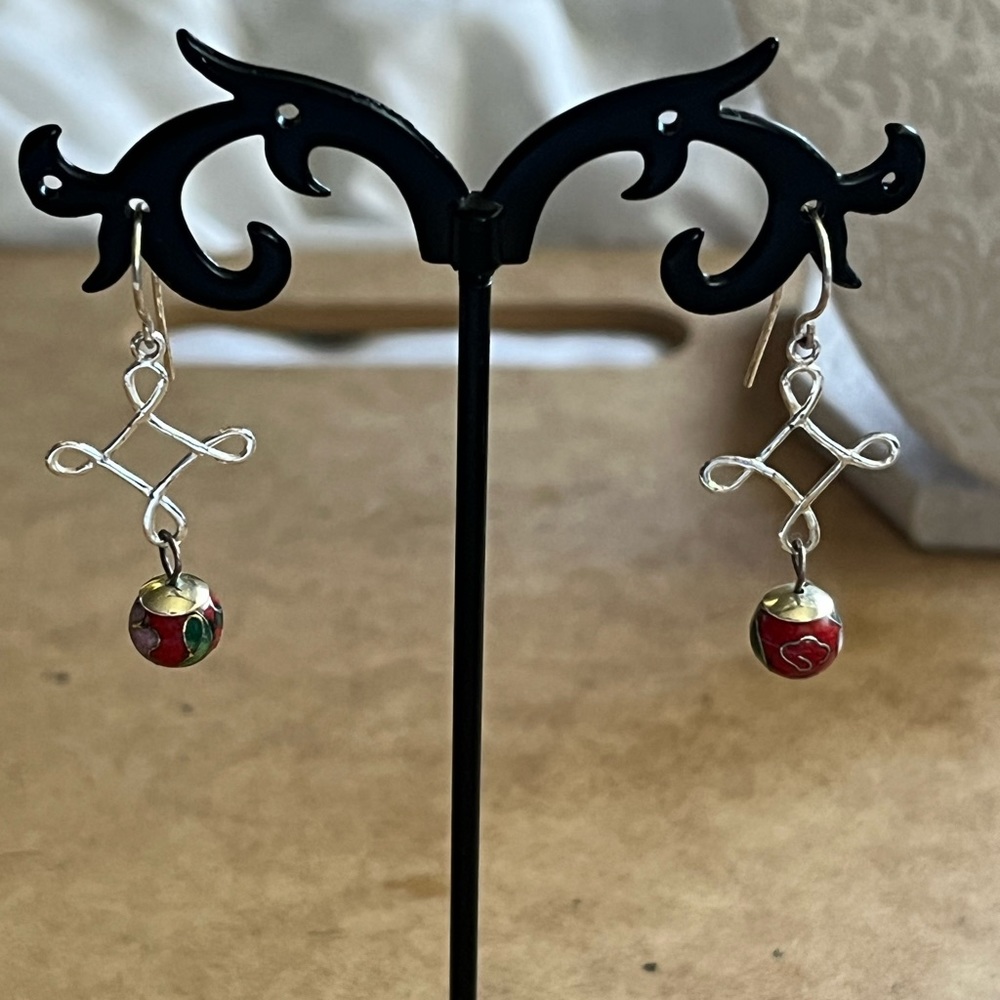 925 ~ Red Cloisonné Drop Earrings